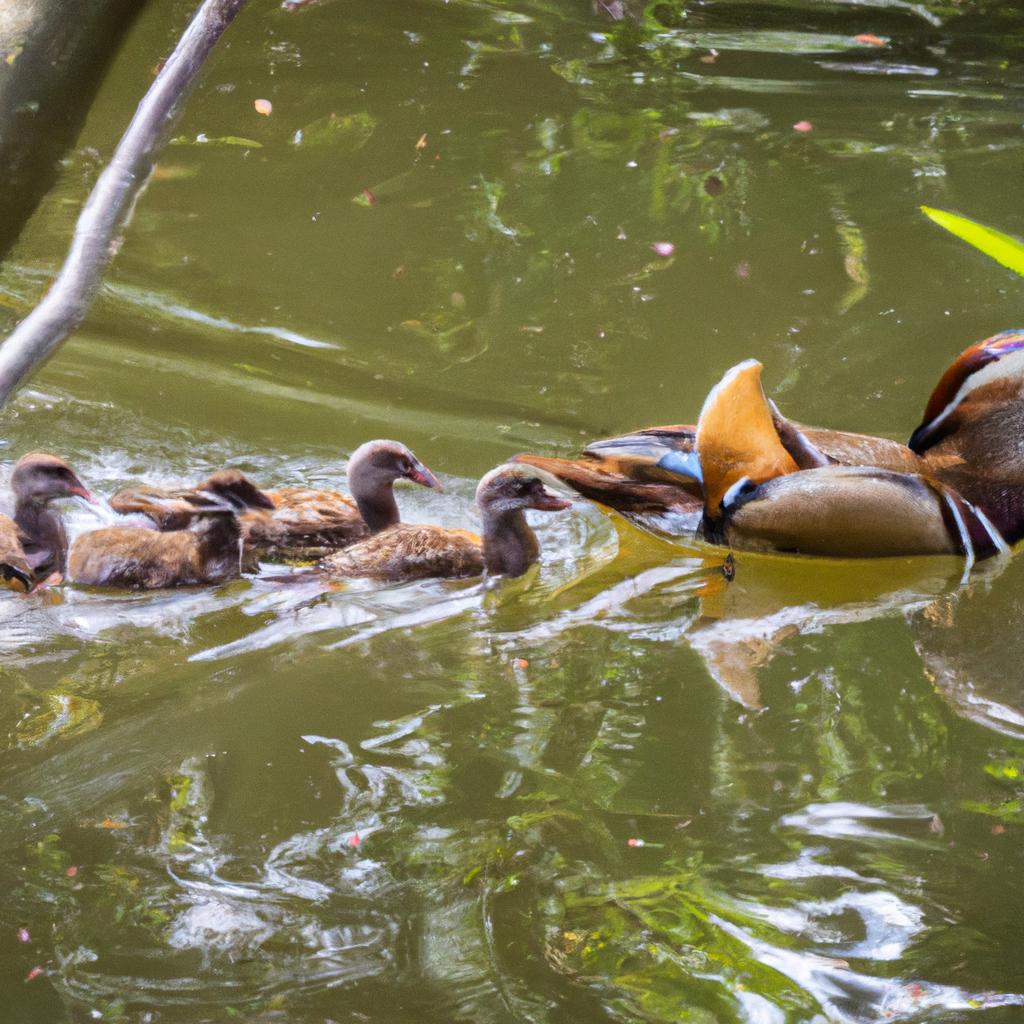 Mandarin ducklings are born with a duller plumage compared to their parents.