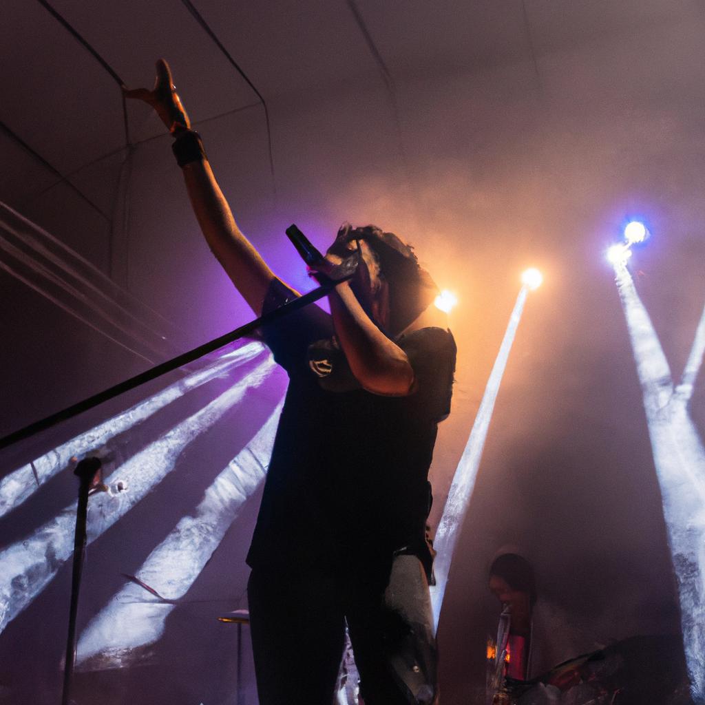 Lead singer of a Medellin rock band performing with passion