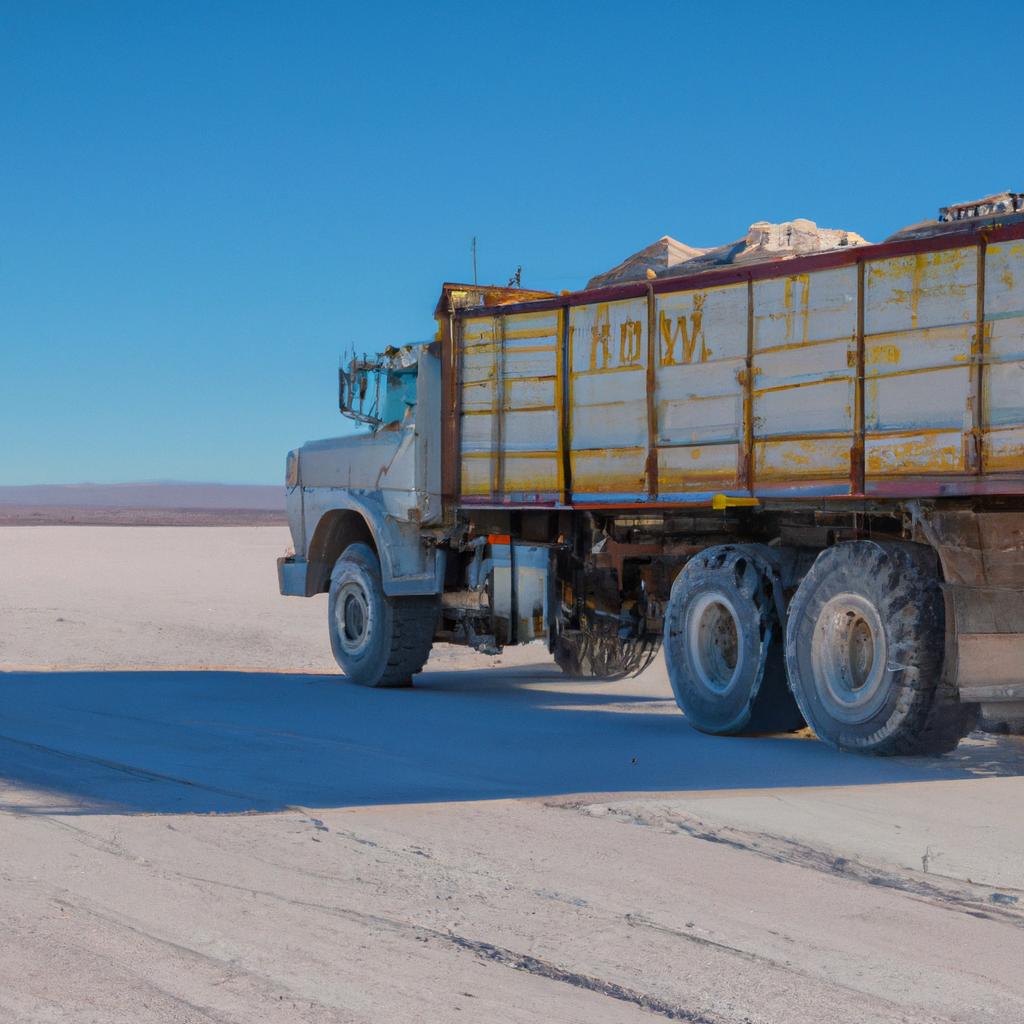 Lithium mining is a major industry in the Salar de Atacama, with mining trucks like this one hauling the precious mineral through the salt flats.