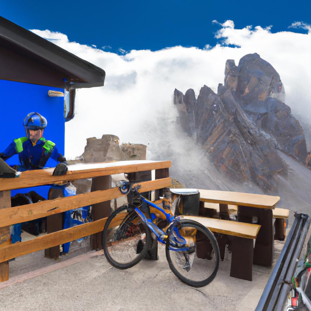 The Monte Cristallo refuge of the Alpini is a popular spot for mountain bikers to take a break and enjoy the stunning scenery of the Italian Alps.
