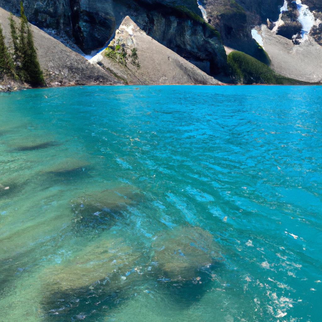 The crystal-clear waters of Moraine Lake create a serene atmosphere