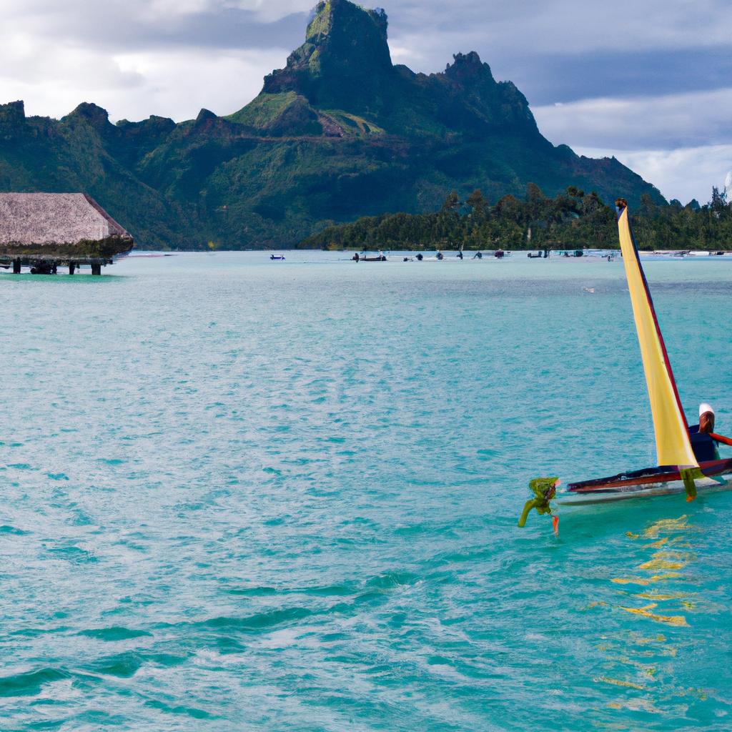 A traditional outrigger canoe sailing in the calm waters of Bora Bora's lagoon