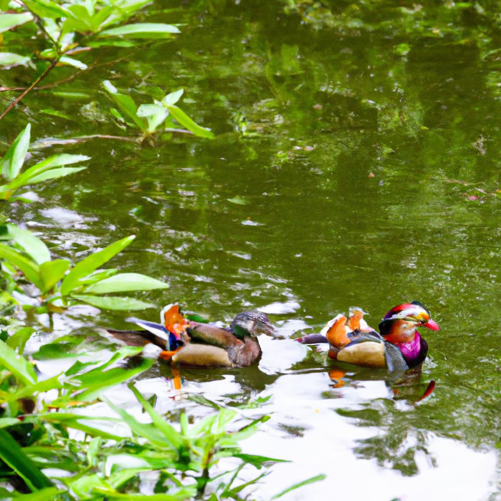 Mandarin ducks mate for life and are often seen swimming together in pairs.
