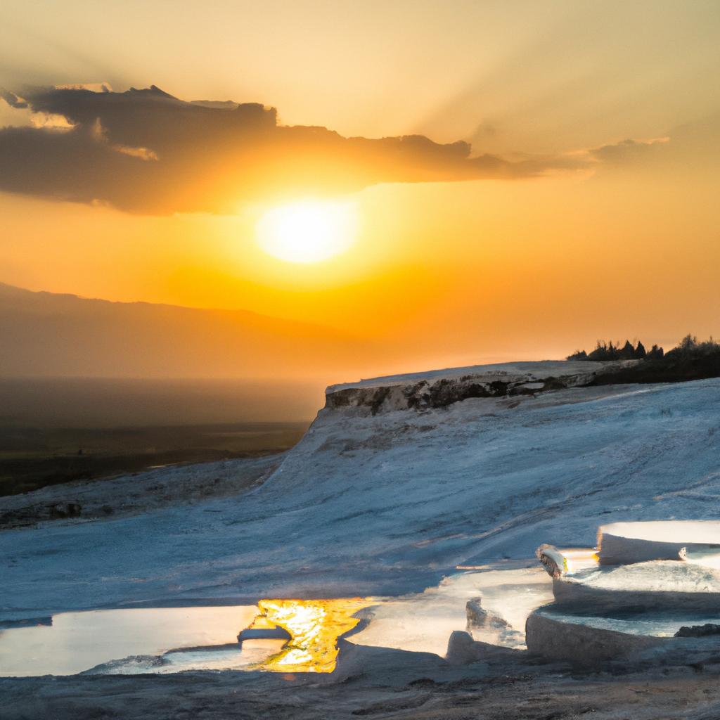The Pamukkale Terraces in Turkey offer a breathtaking view at sunset