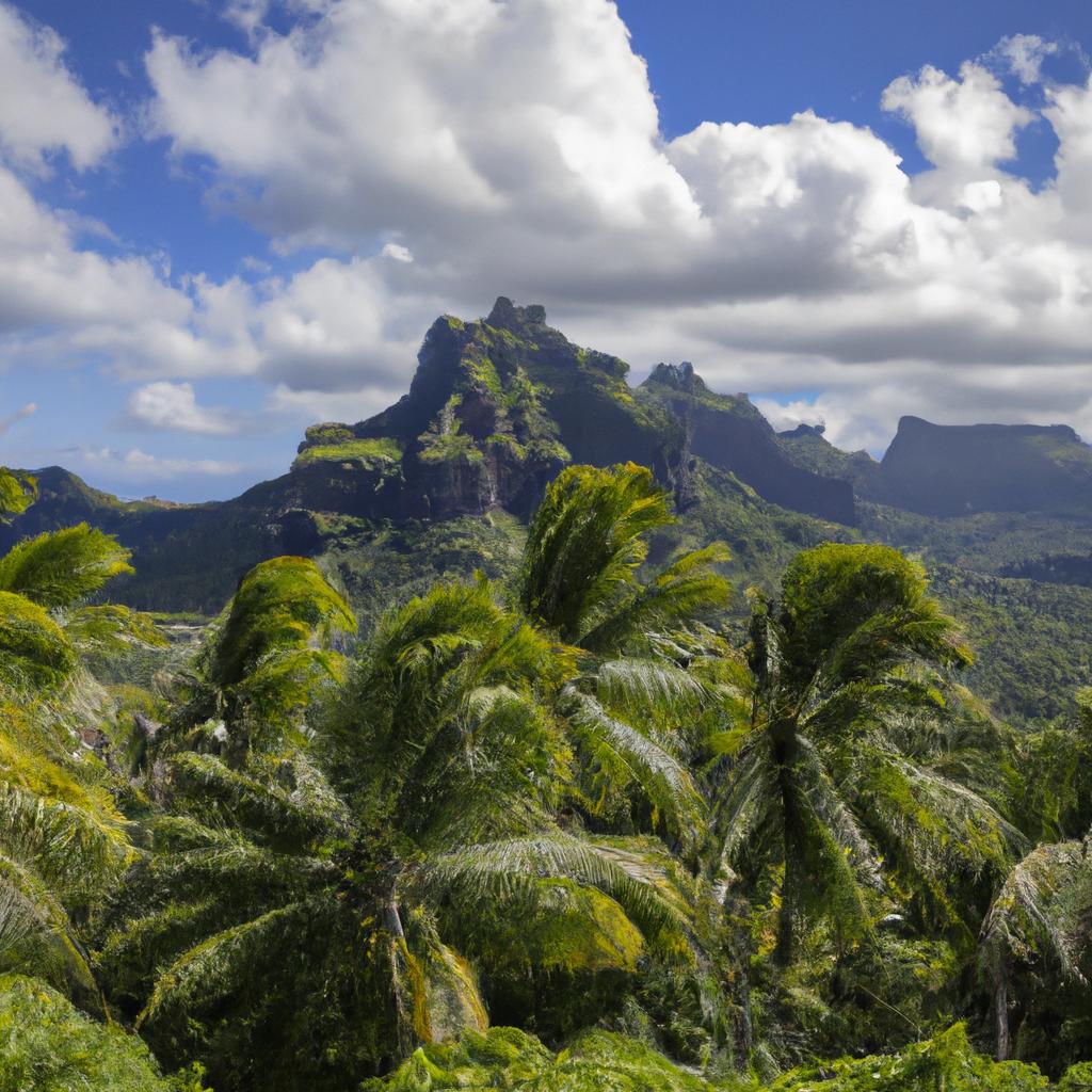 Panoramic view of Bora Bora's lush green mountains and palm trees