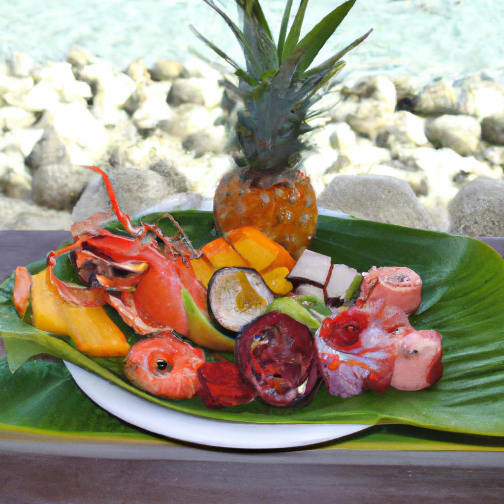 A plate of delicious fresh seafood with tropical fruits and vegetables in Bora Bora