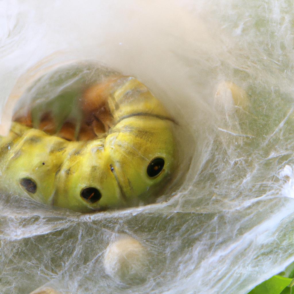 The Saturniidae moth caterpillar spins a silk cocoon around itself before transforming into a moth