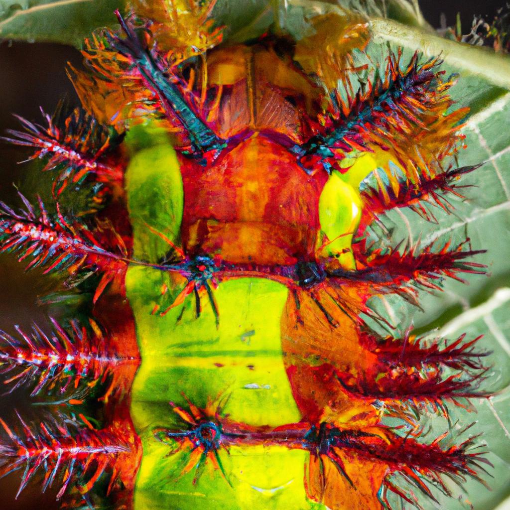 The bright colors and intricate patterns of the Saturniidae moth caterpillar serve as warning signals to predators