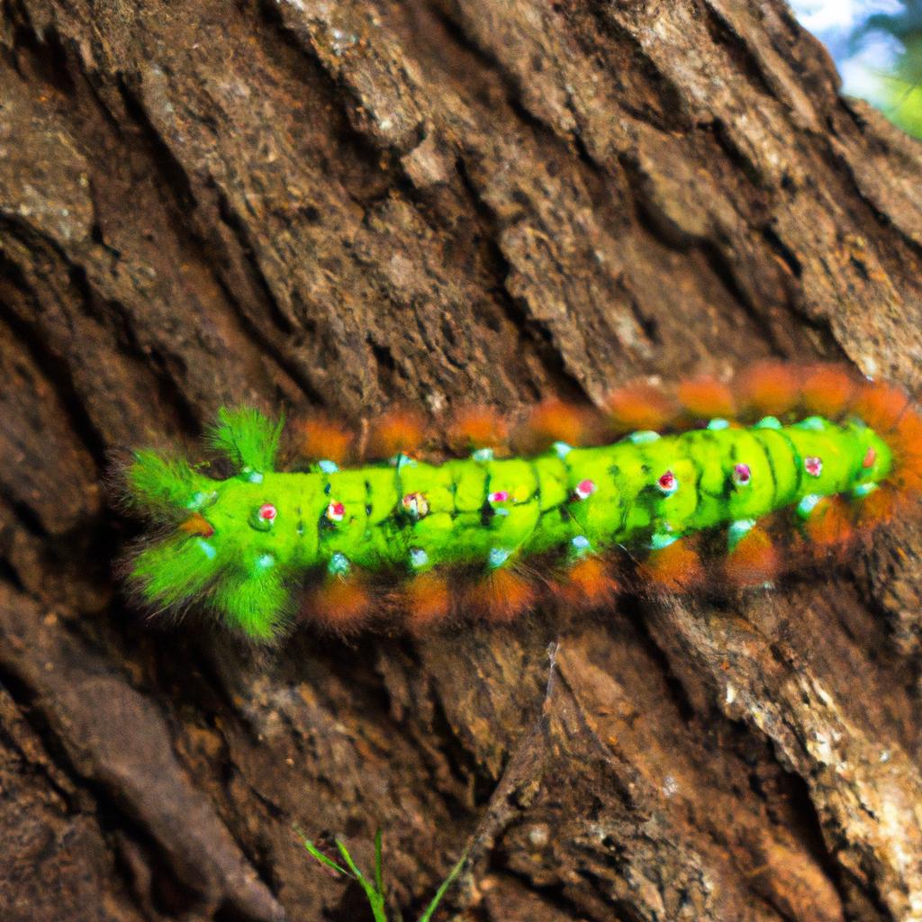 The strong legs of the Saturniidae moth caterpillar allow it to crawl easily on rough surfaces like tree bark