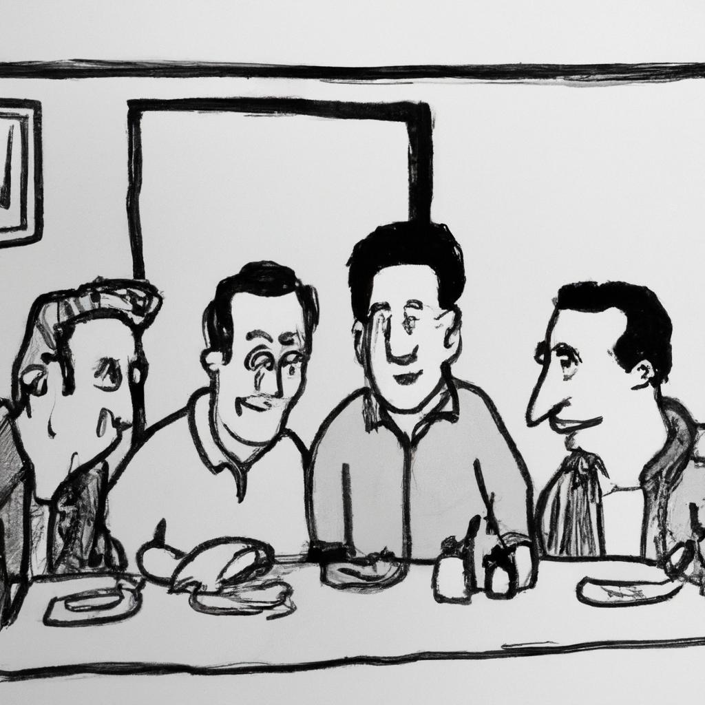 A sketch of the iconic Seinfeld Diner gang.