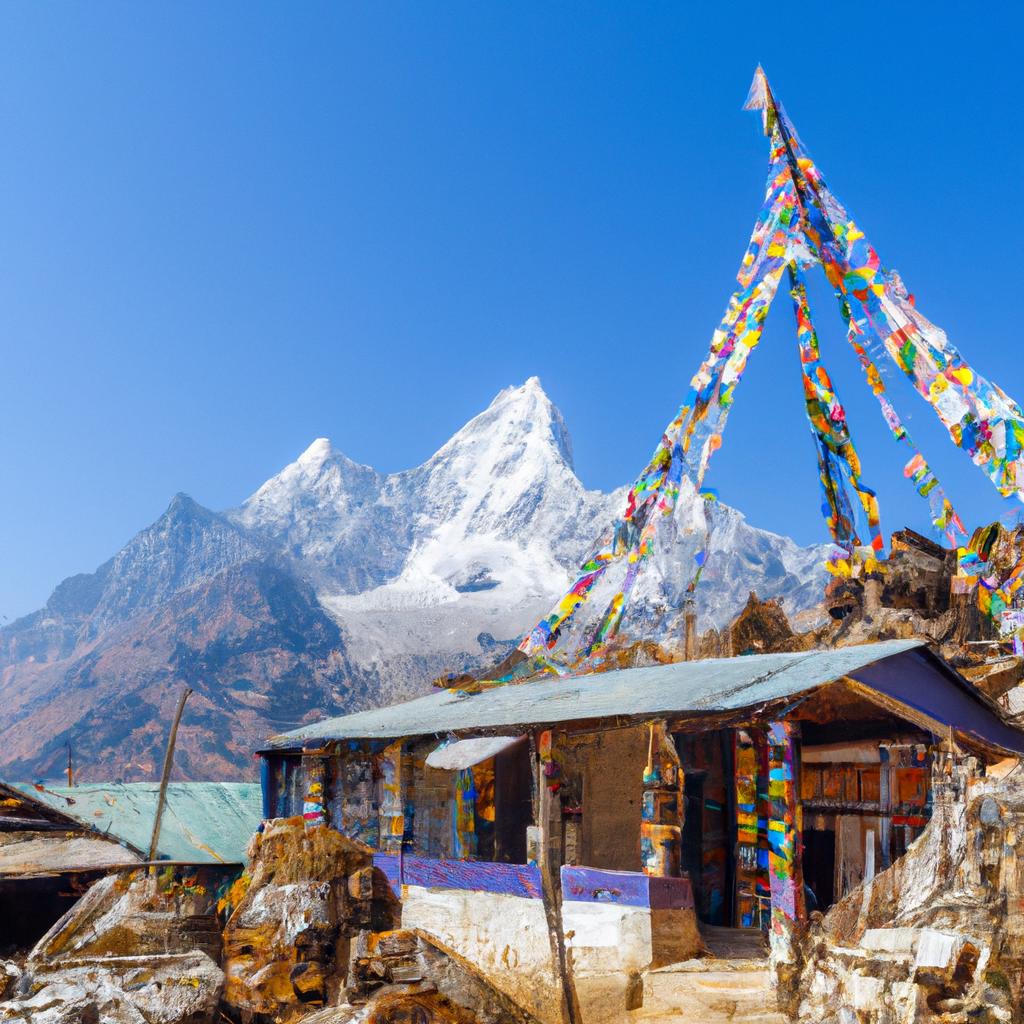 Colorful prayer flags and traditional Sherpa houses in a village near Mount Everest