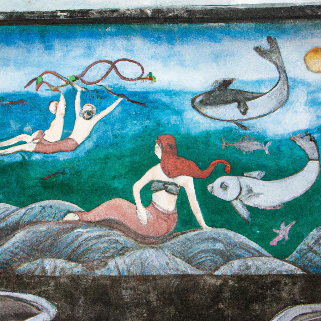 The colorful mural depicting the legend of the Sirens in the village of Fiordi di Furore