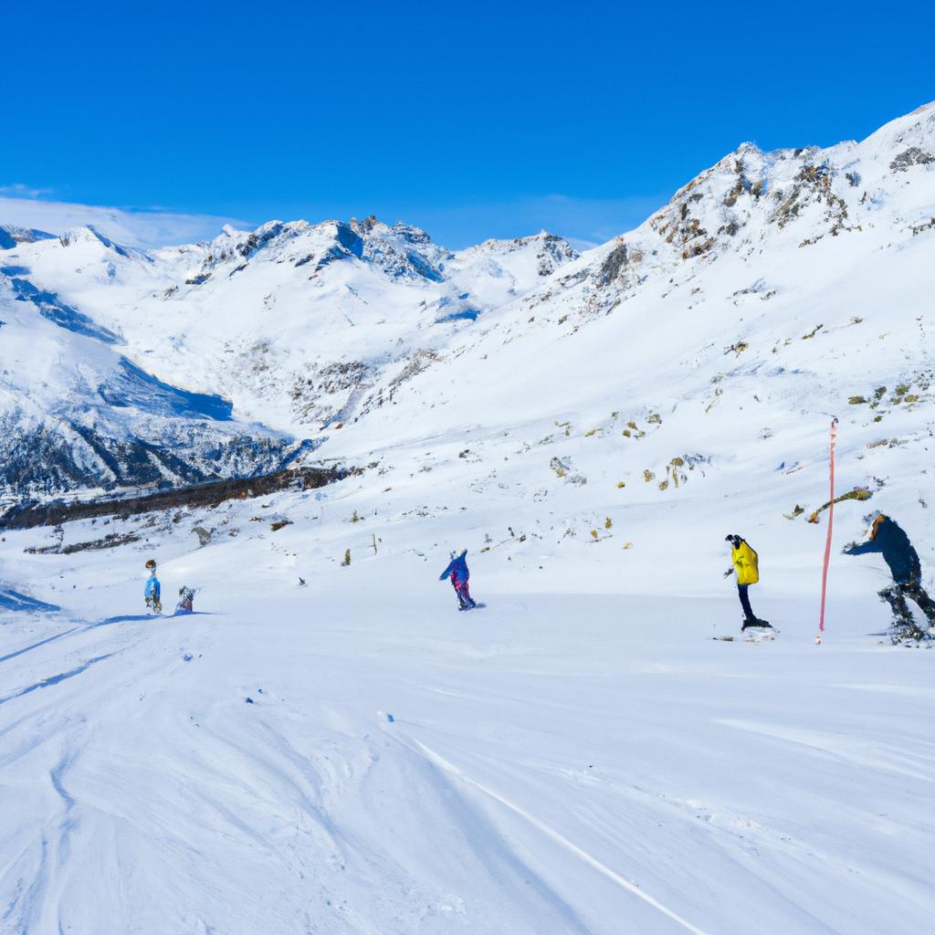 A group of skiers having fun on the slopes of Engadine Valley