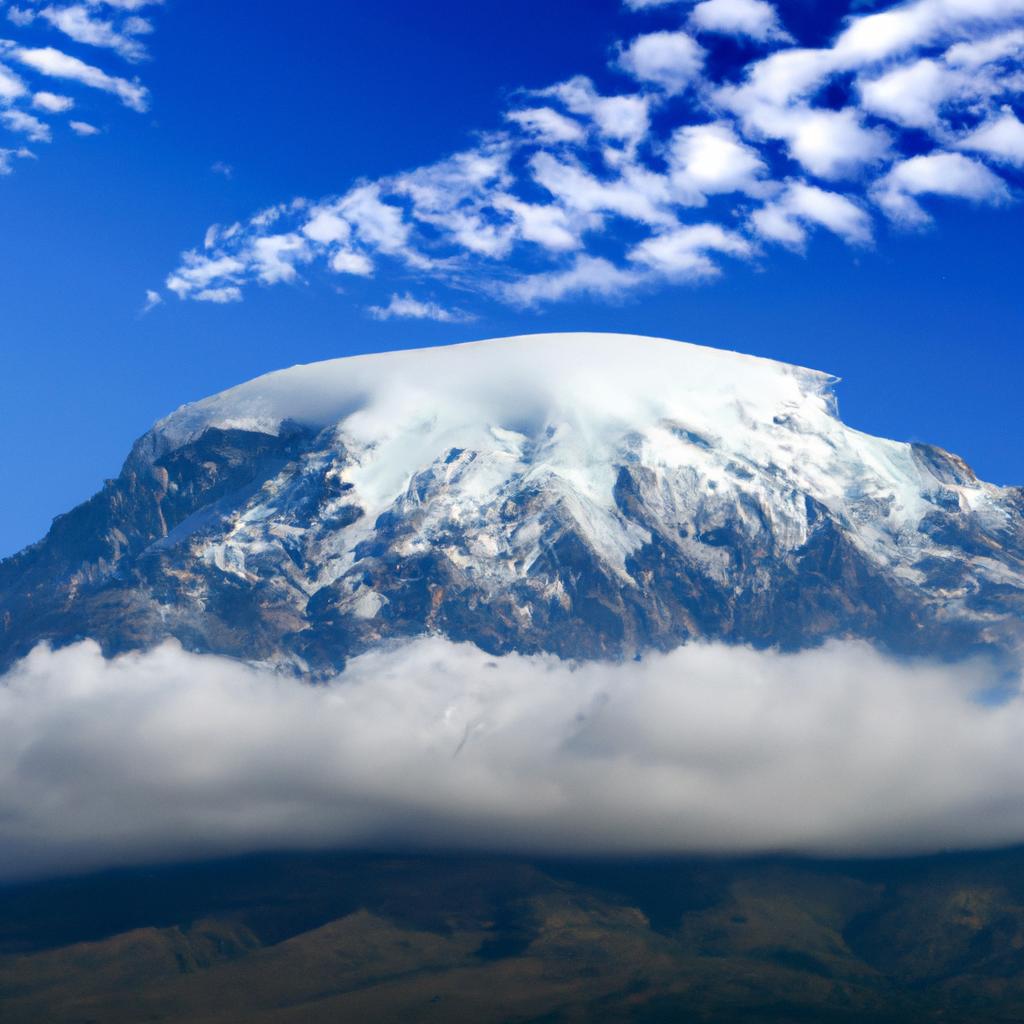 The white-capped summit of Mount Kilimanjaro, a stunning sight to behold