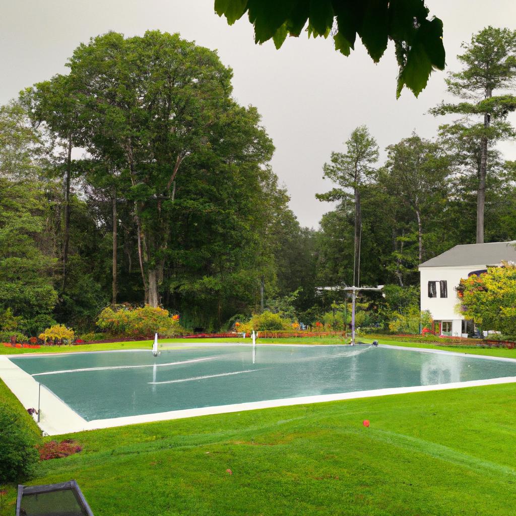 The backyard of Stephen King's Maine house is an oasis of relaxation, with a pool, tennis court, and lush greenery all around.