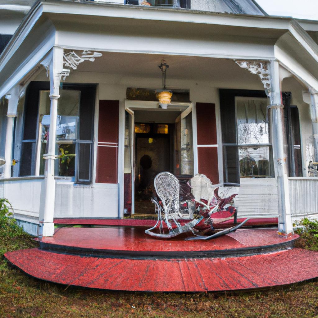 The front entrance of Stephen King's Maine house is both welcoming and charming, with a wrap-around porch and comfortable rocking chairs.