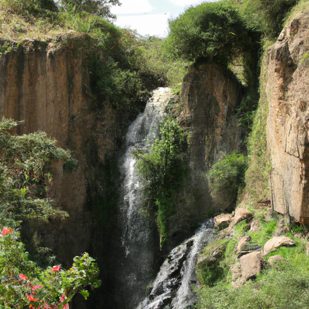 Amidst the rugged terrain of the Great Rift Valley in Tanzania, a majestic waterfall cascades down the rock face.