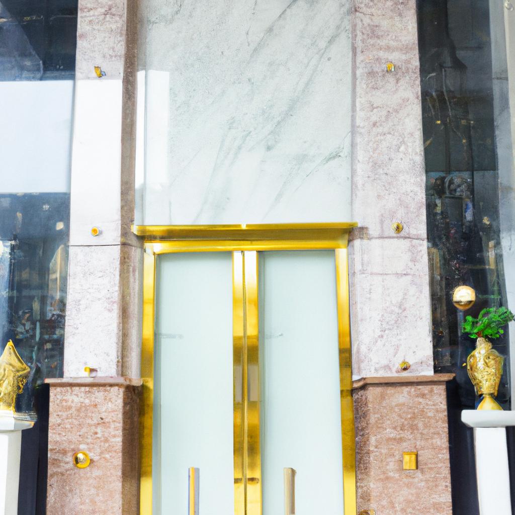 Guests are greeted by the hotel's grand entrance and towering columns.