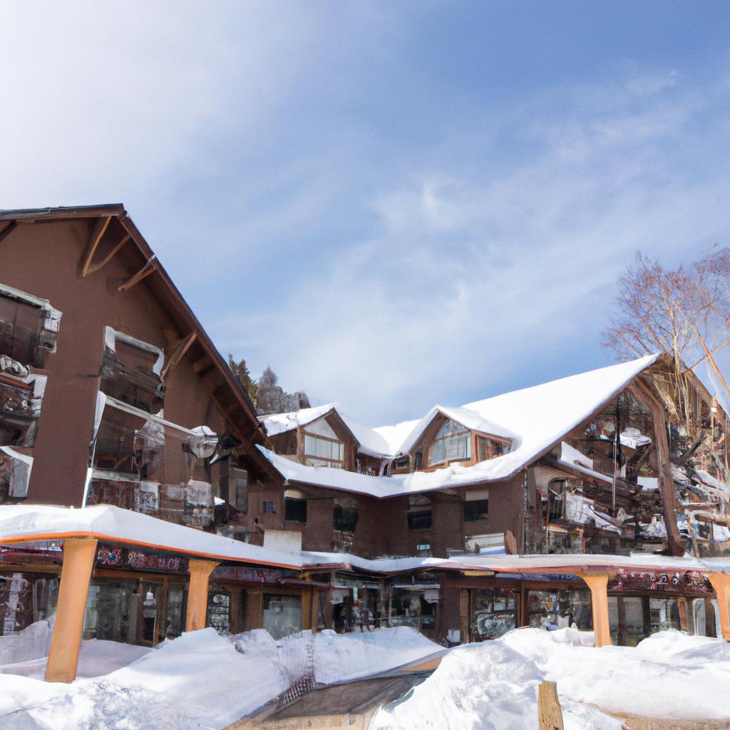 The hotel's stark exterior is juxtaposed against the snowy landscape in winter.