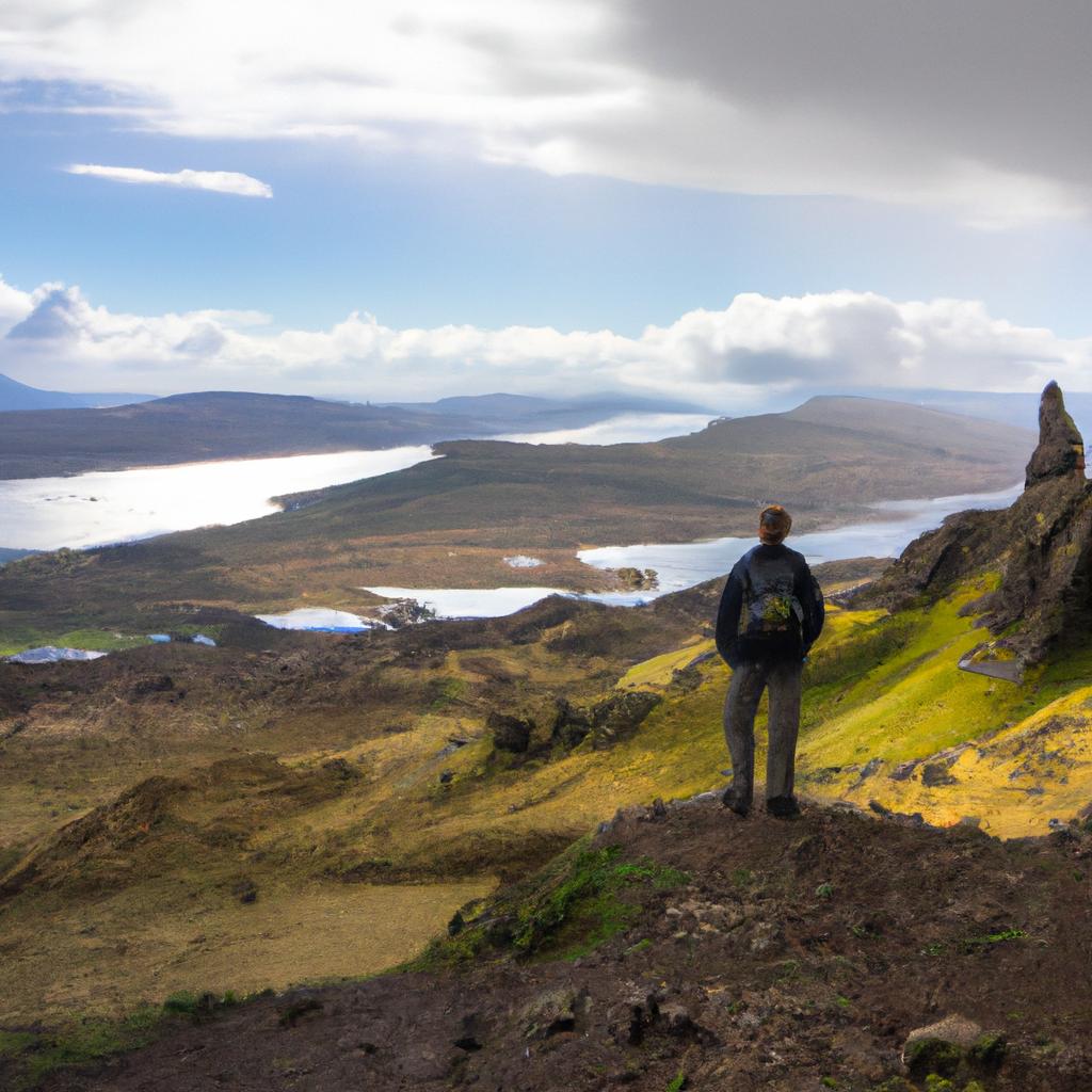 A hiker takes in the panoramic view from the top of The Storr.