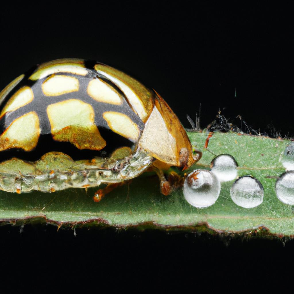 Female tortoise beetles lay their eggs on the underside of leaves to protect them from predators.