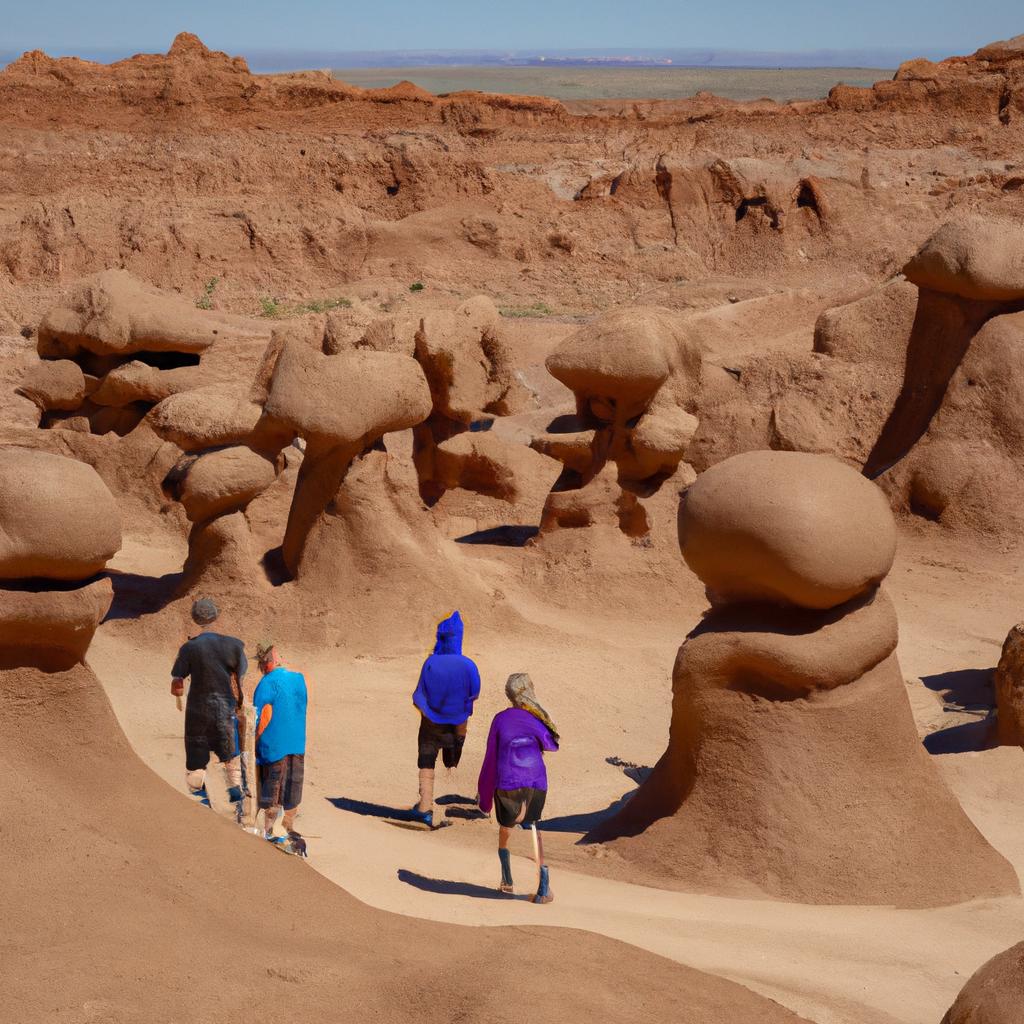 Tourists marveling at the unique geological formations in Goblin Valley