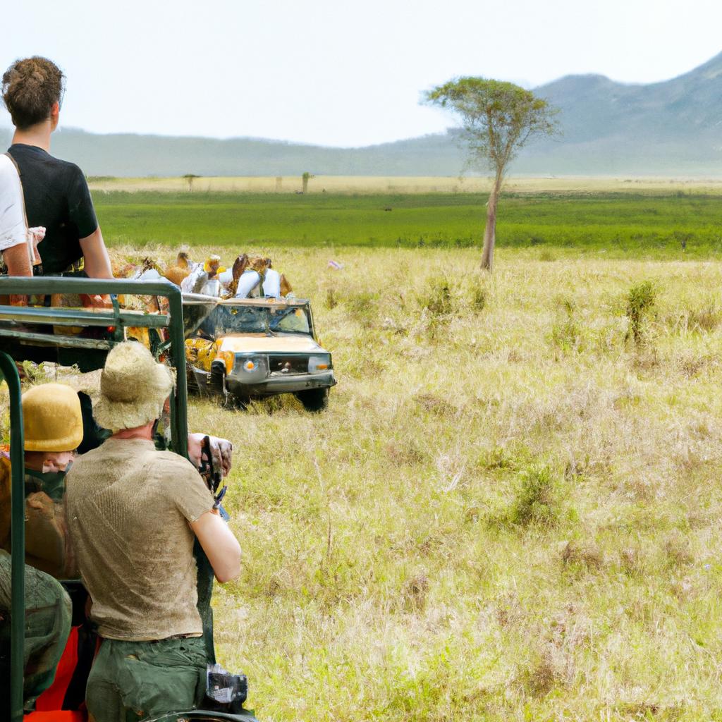 Tourists explore the wilderness of the Serengeti National Park on a game drive