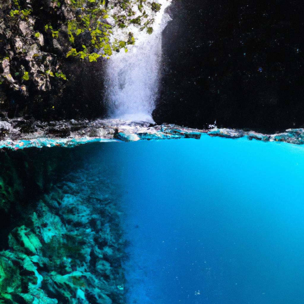 The colors of the ocean near the underwater waterfall in Mauritius are simply stunning.