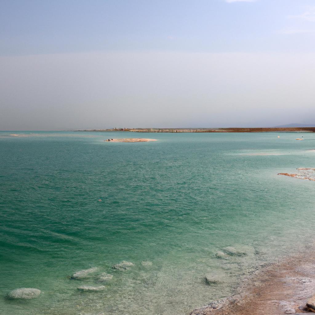 The salt-crusted shores of the Dead Sea provide a stark and otherworldly landscape.