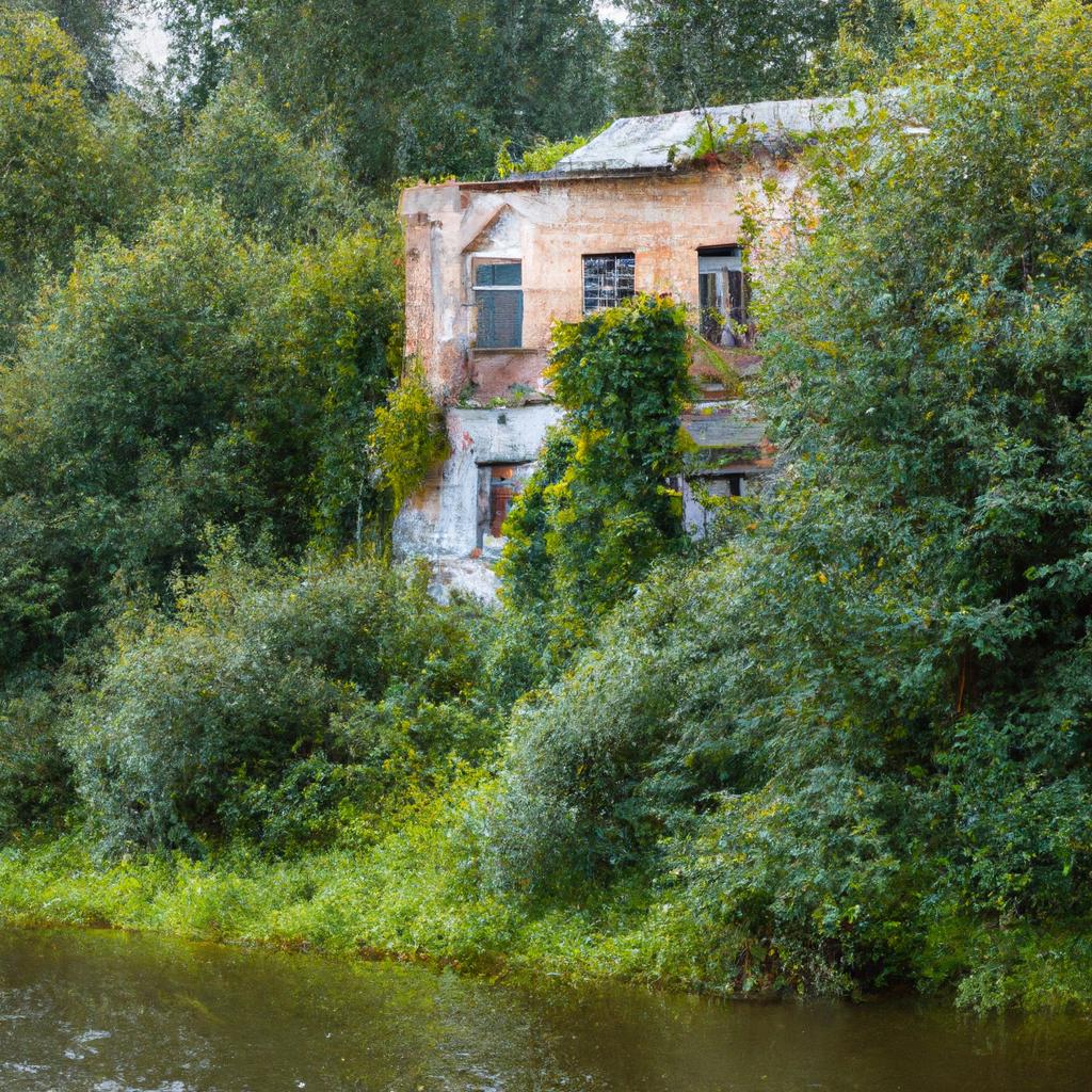 An eerie abandoned house with a crumbling facade and an overgrown garden