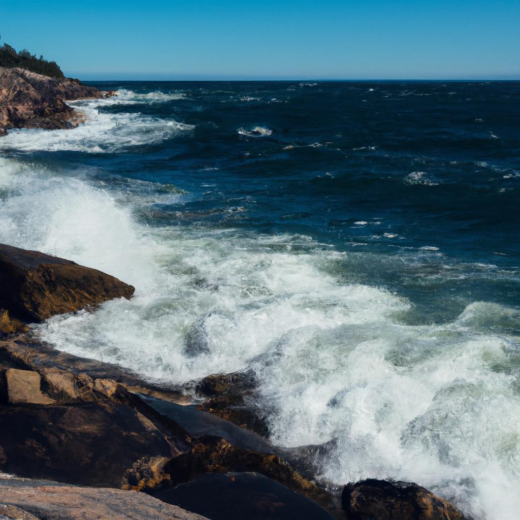 Waves crashing on a rocky beach in Acadia National Park