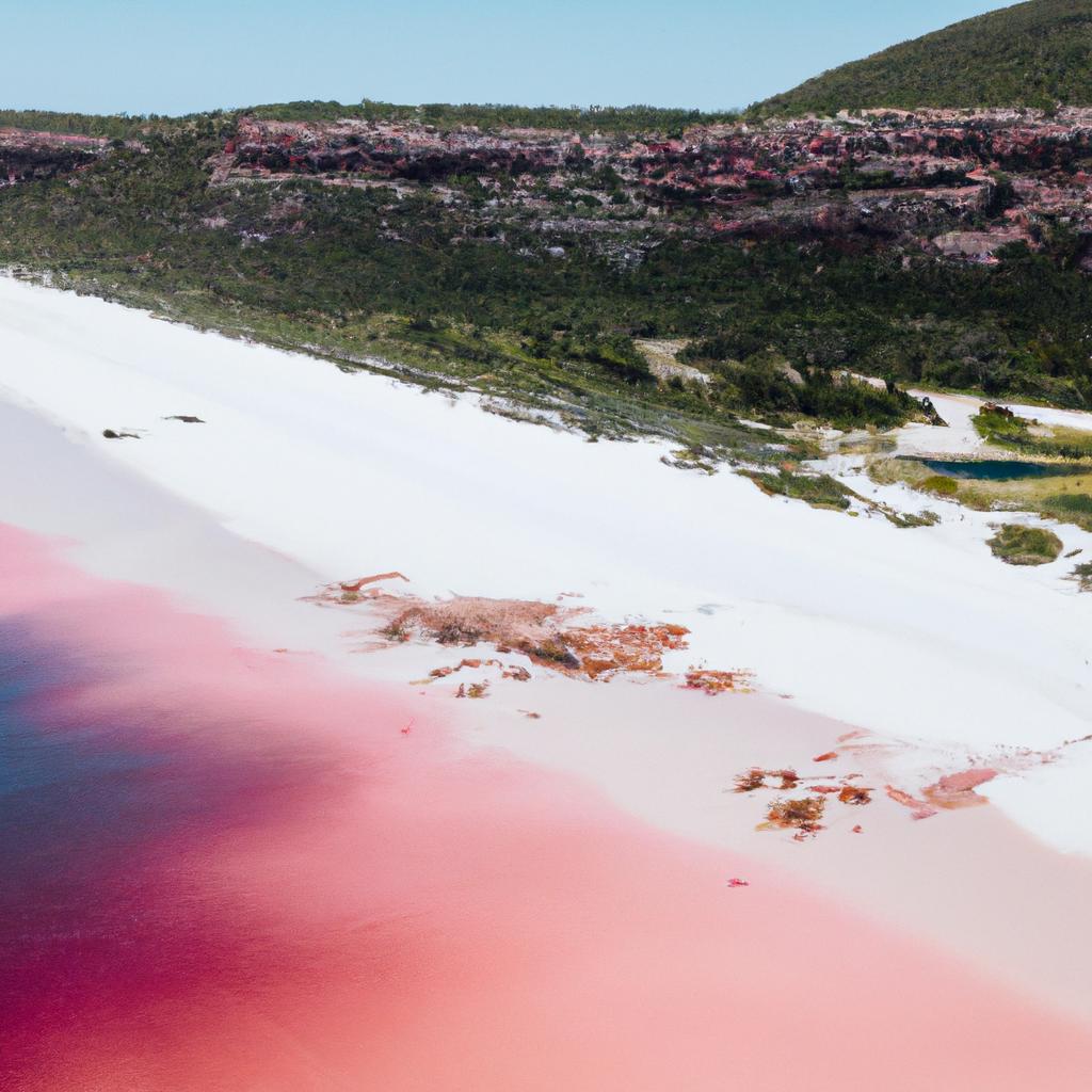 The aerial view of the pink sand beach in Australia shows its unique blend of colors and patterns