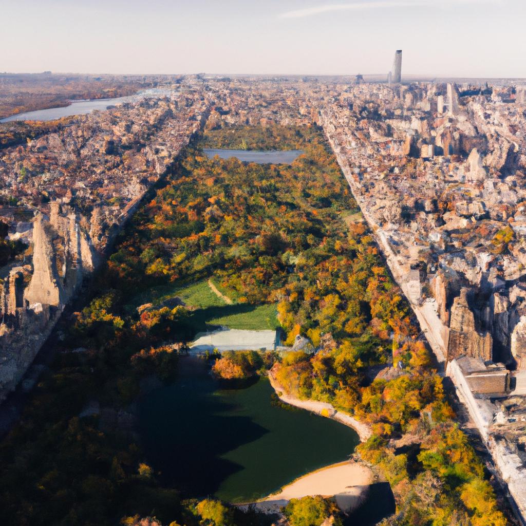 An enchanting aerial view of Central Park's width during fall season