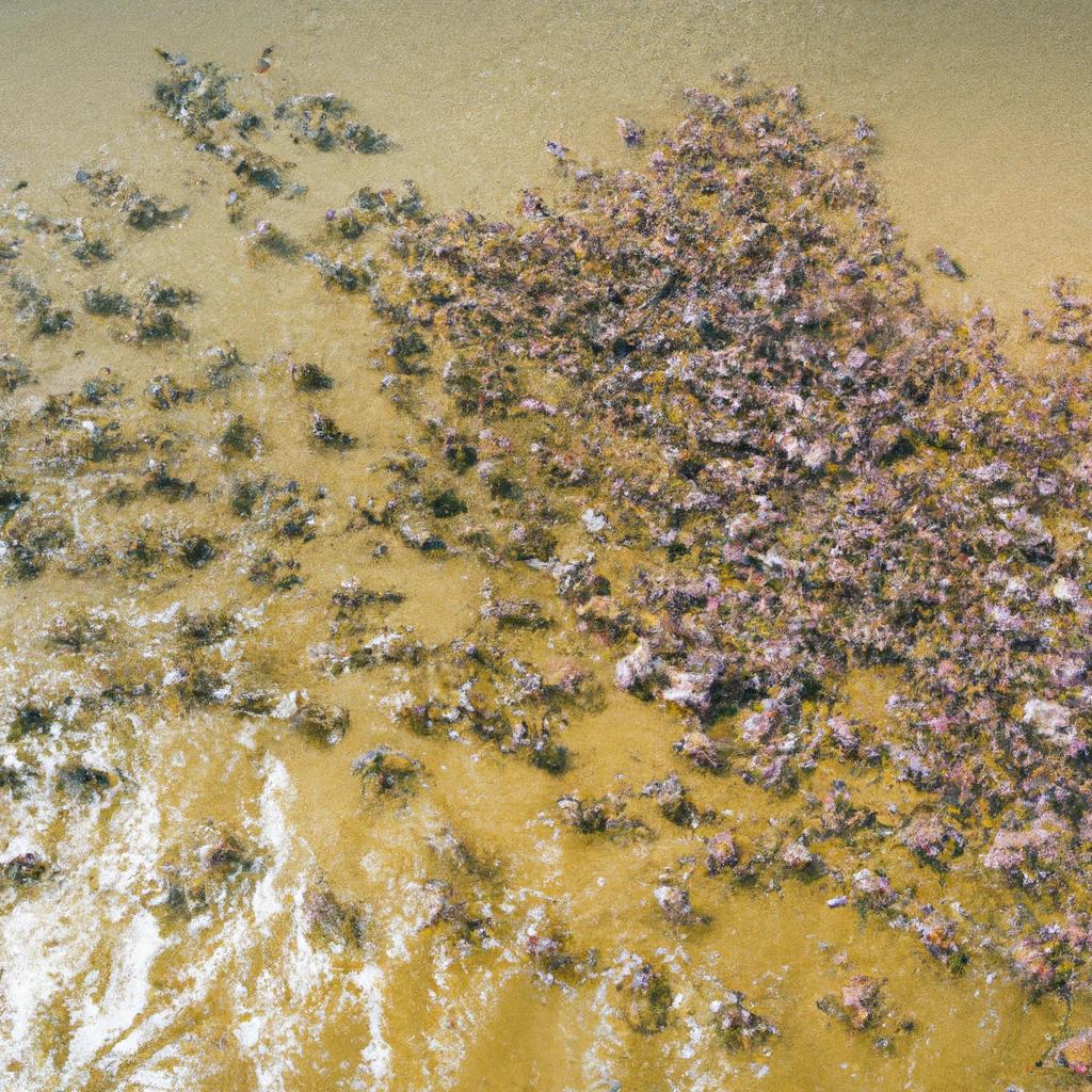 Aerial shot of thousands of crabs migrating in the shallow waters.