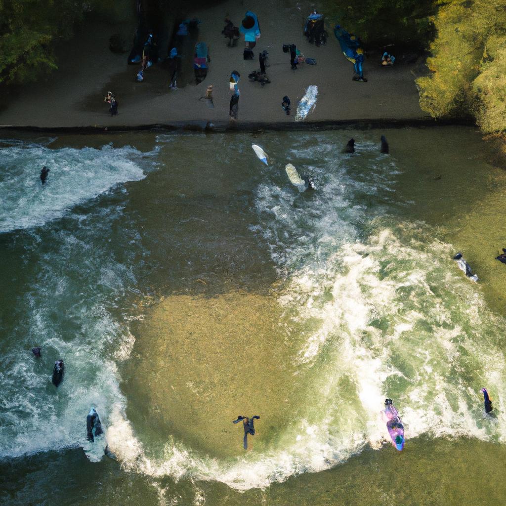 Eisbach surfing is a unique and captivating sight from above