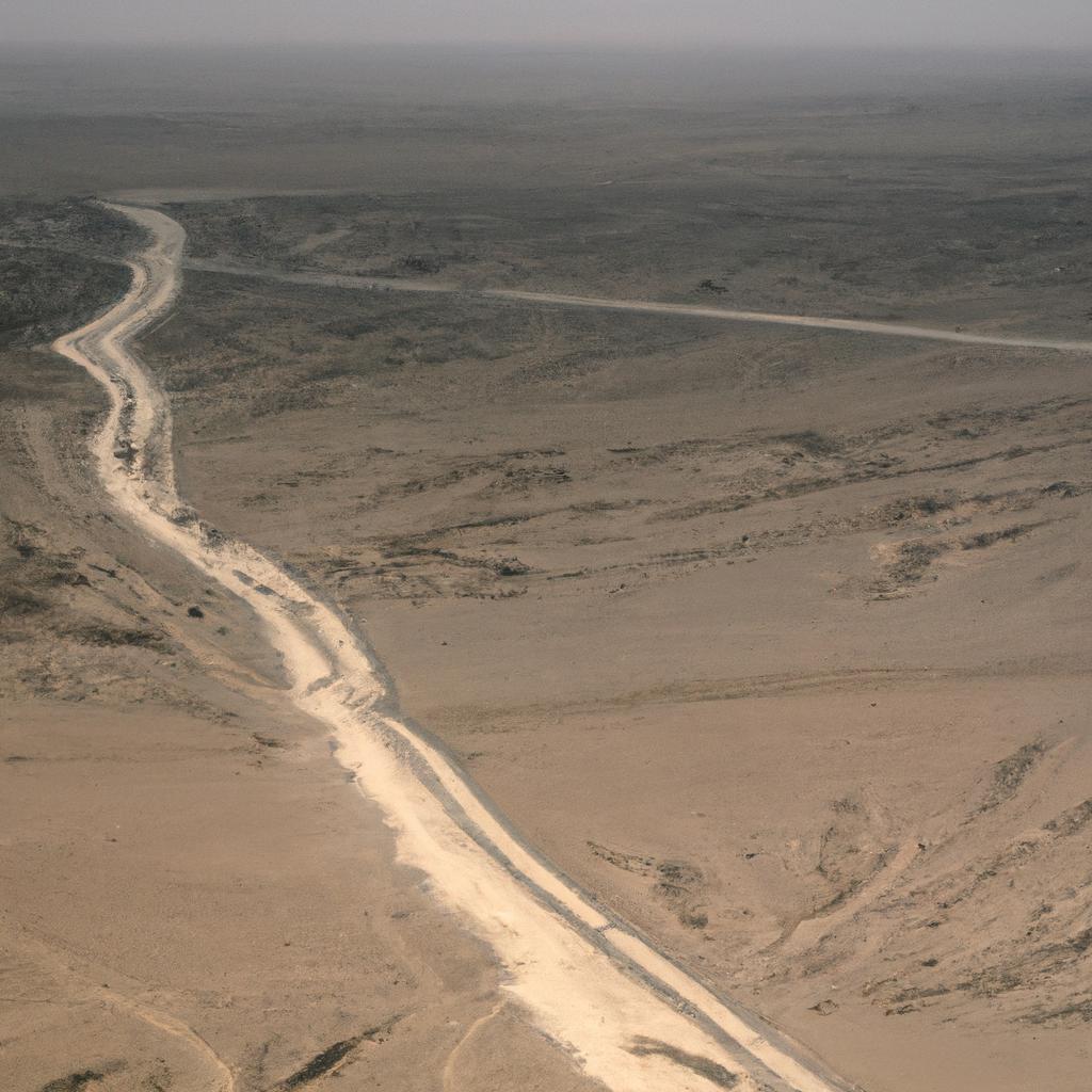 From above, the 'Hand in the Desert' appears as a tiny speck amidst the vast expanse of the desert.