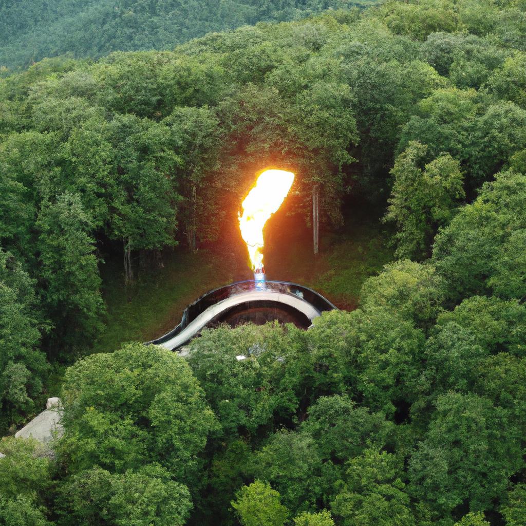 Aerial view of the Eternal Flame Falls from above the treetops.
