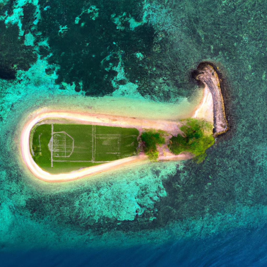 The crystal clear water surrounds the island soccer field, offering a breathtaking view from above