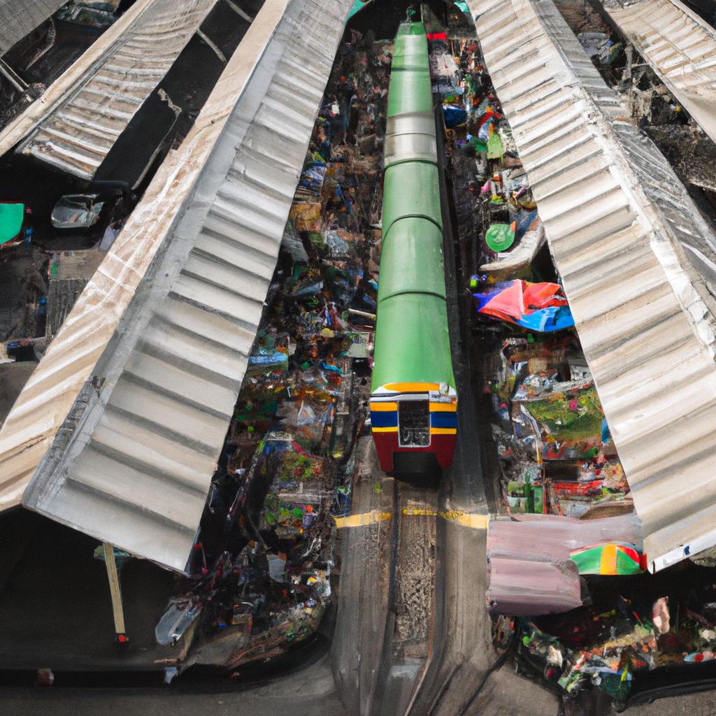 The market from above offers a unique perspective of the train passing through the middle.