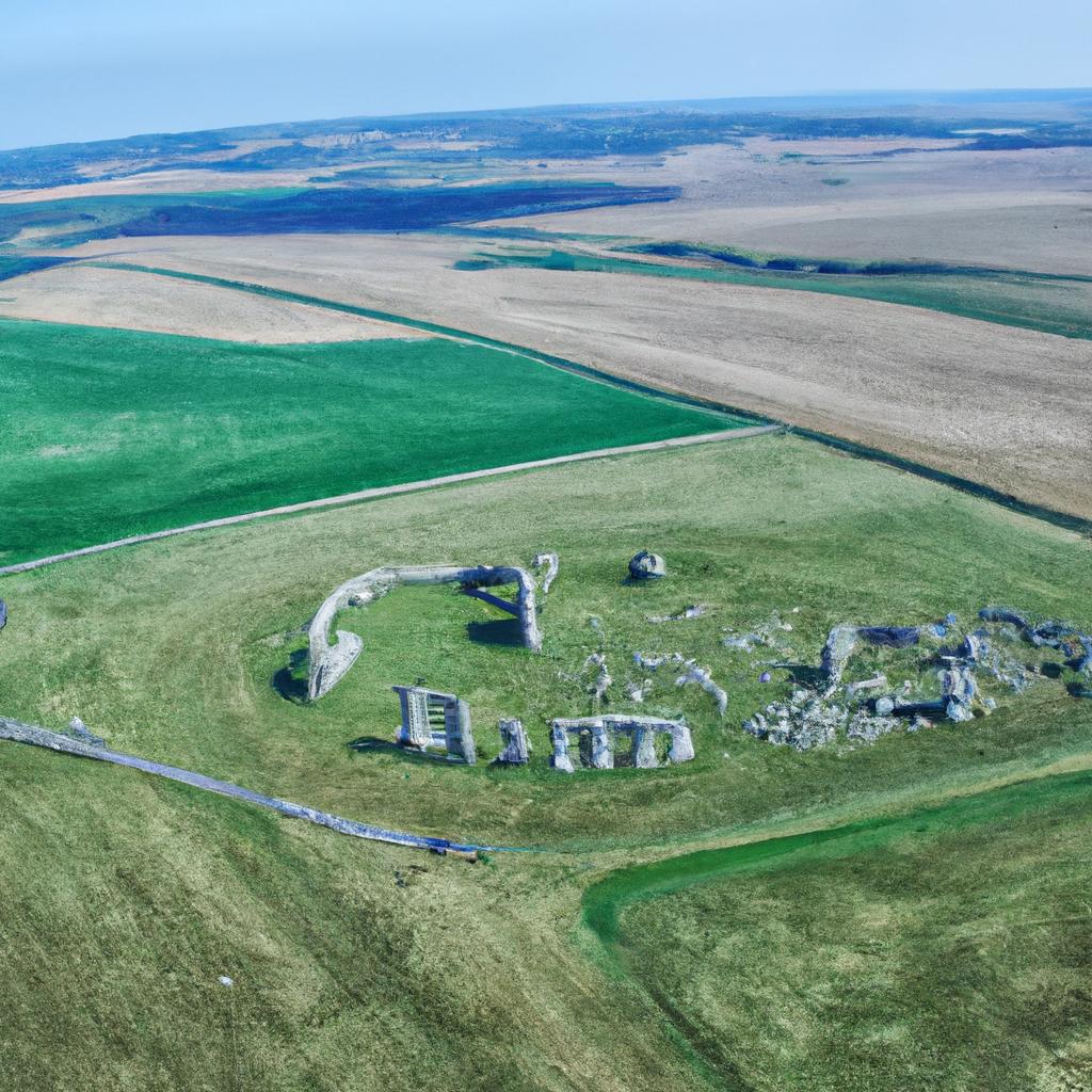 An aerial view of Stonehenge and its vast surroundings shows the scale and beauty of the prehistoric monument.
