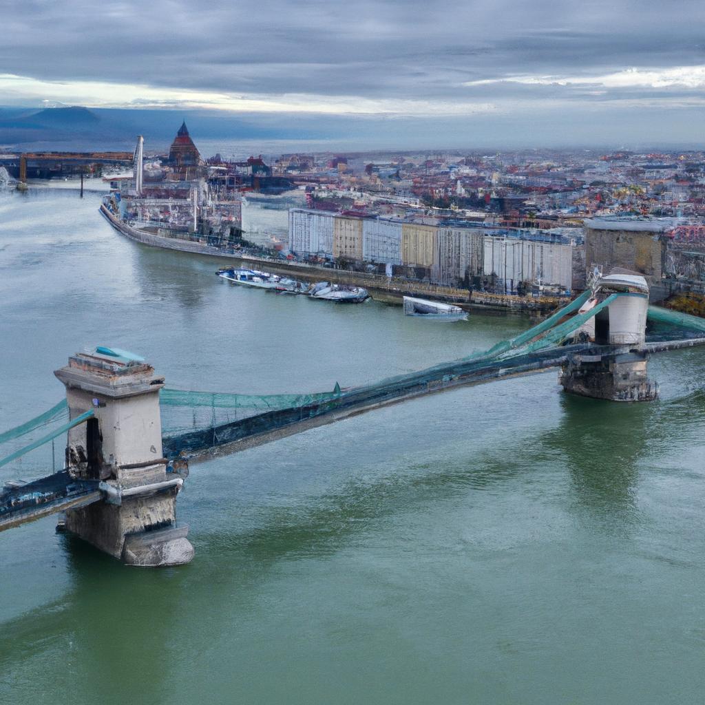 A bird's eye view of the Szchenyi Chain Bridge connecting Buda and Pest