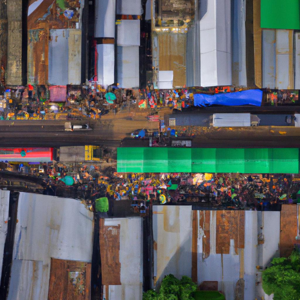 Aerial view of a train through market in a bustling city.