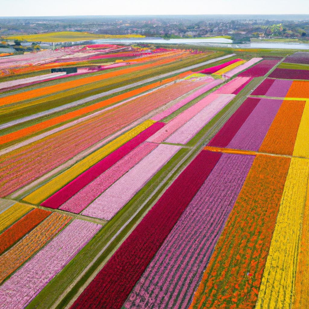 A mesmerizing view of a tulip field from above