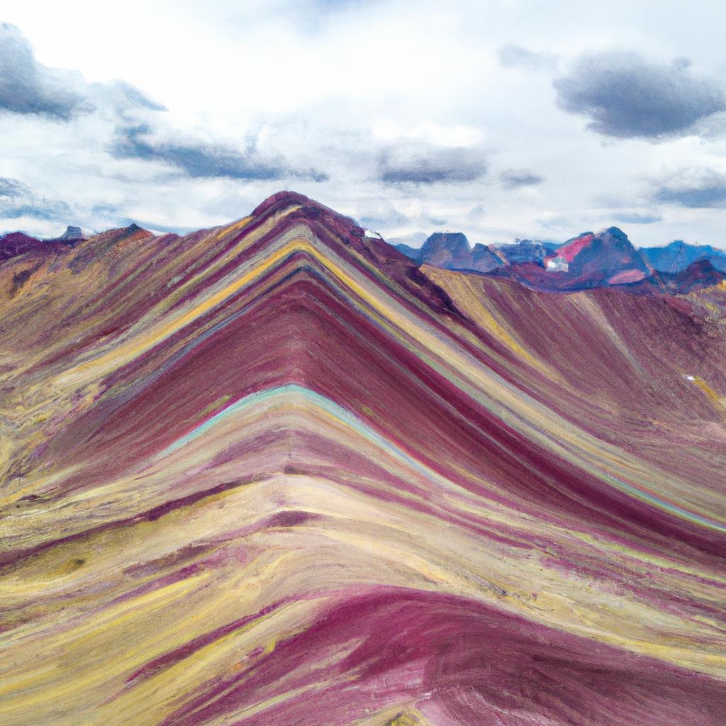 The colorful Vinicunca Rainbow Mountain from a bird's eye view.