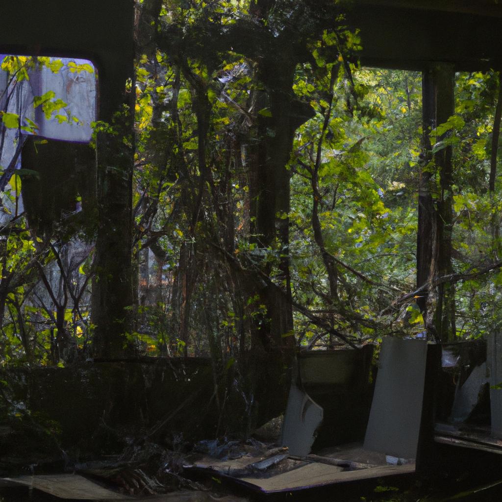 The interior of Alaska Bus 142 is slowly being reclaimed by nature, creating a hauntingly beautiful scene.