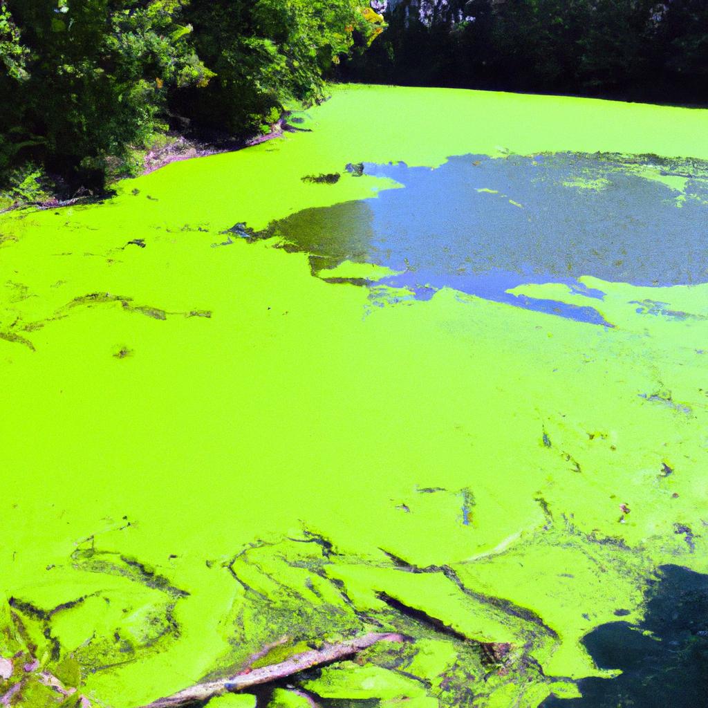 The green color of this pond is a result of an overgrowth of algae, which can be harmful to aquatic life and water quality.
