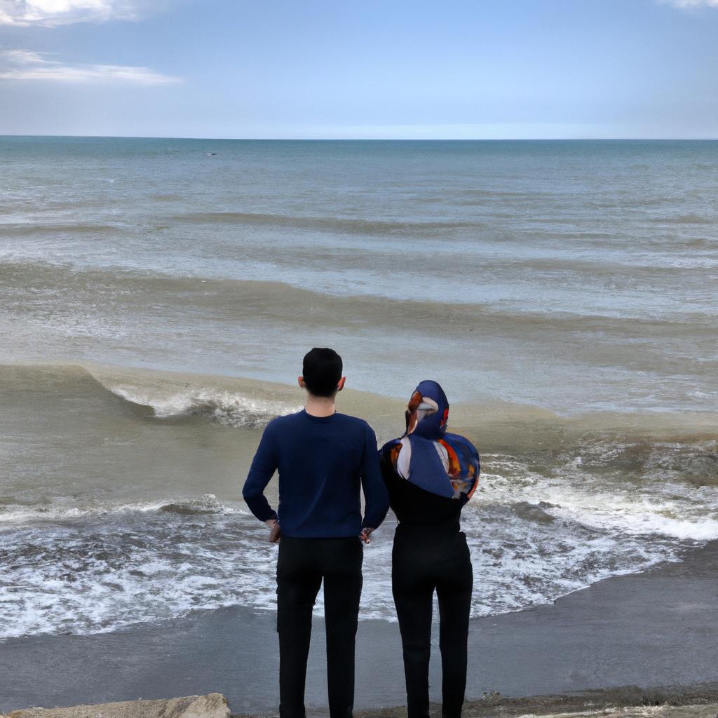 Ali and Nino enjoying a romantic moment by the Caspian Sea