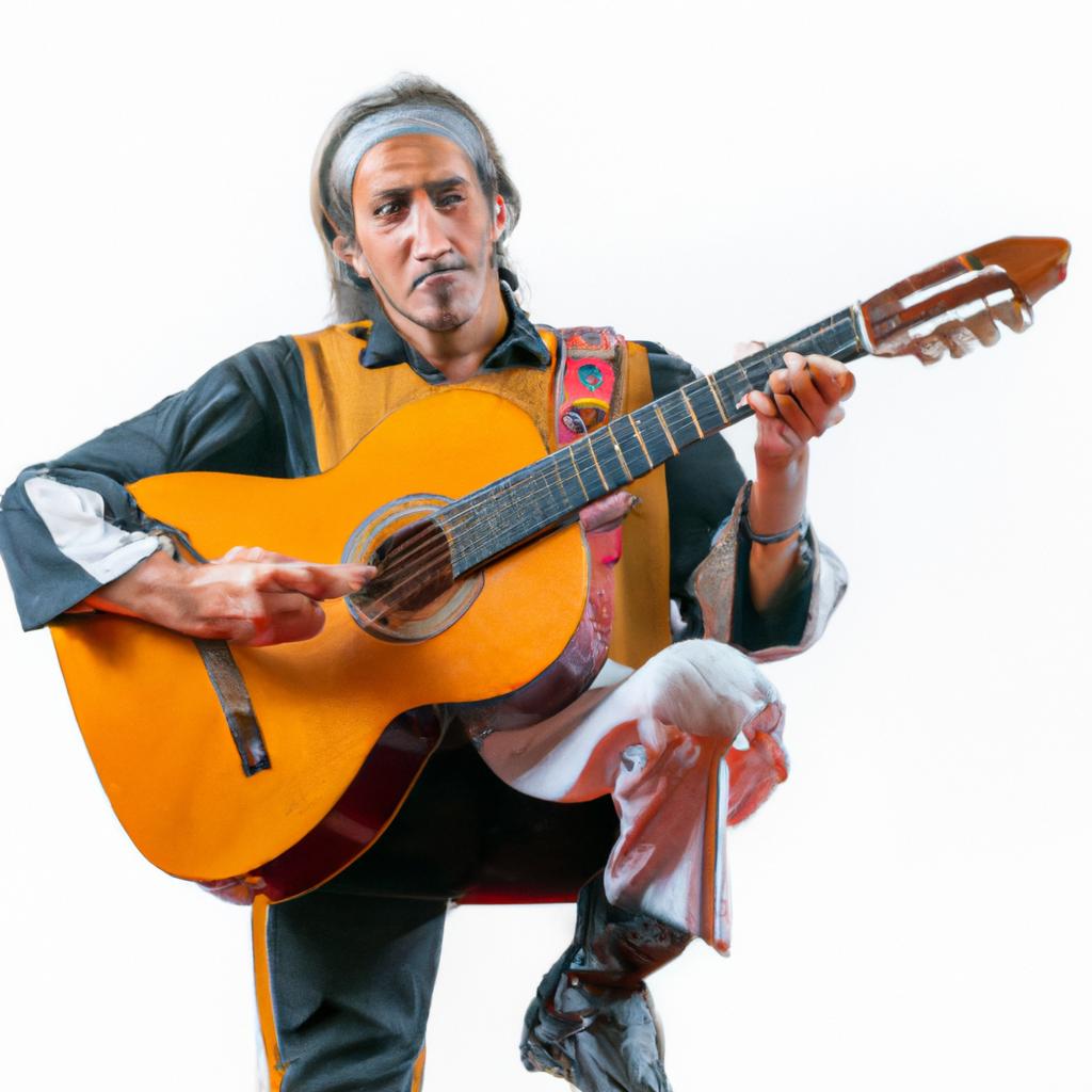 This Argentine guitarist performs in traditional attire that reflects the country's rich cultural heritage.