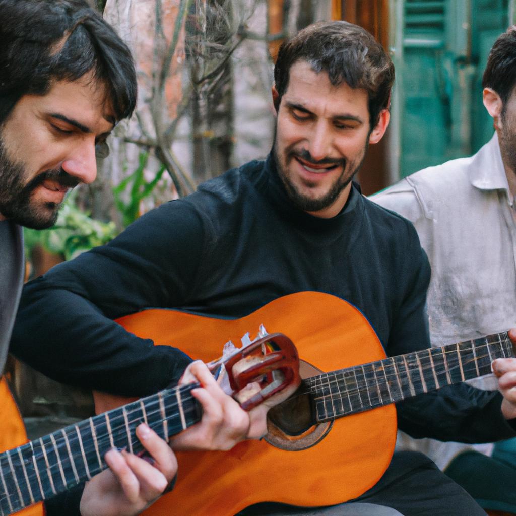 These musicians come together to play a beautiful melody on their Argentine guitars.