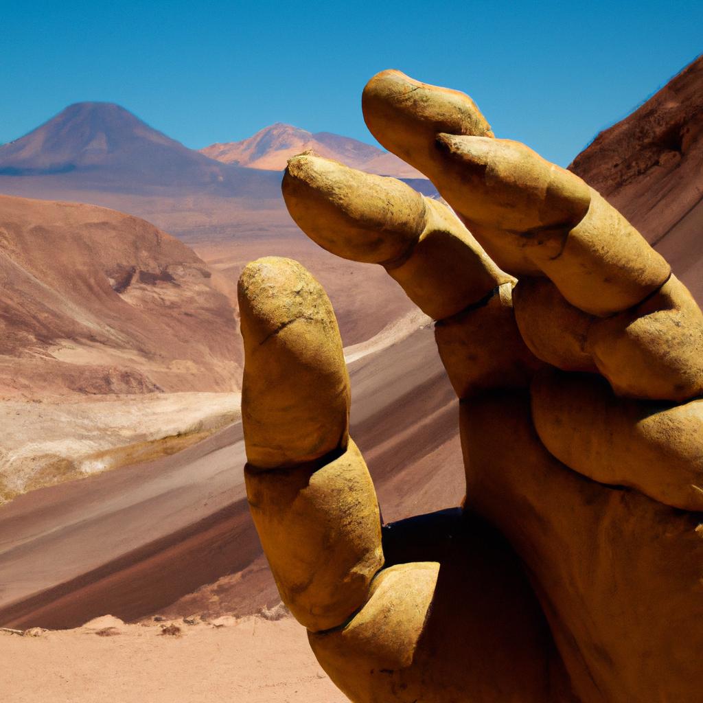 The Atacama Hand resting on the barren desert landscape